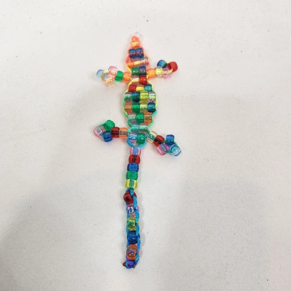Handmade Pony Beaded Lizard Gecko Keychain Lot Of 5 Multi-Color Plastic Charms
